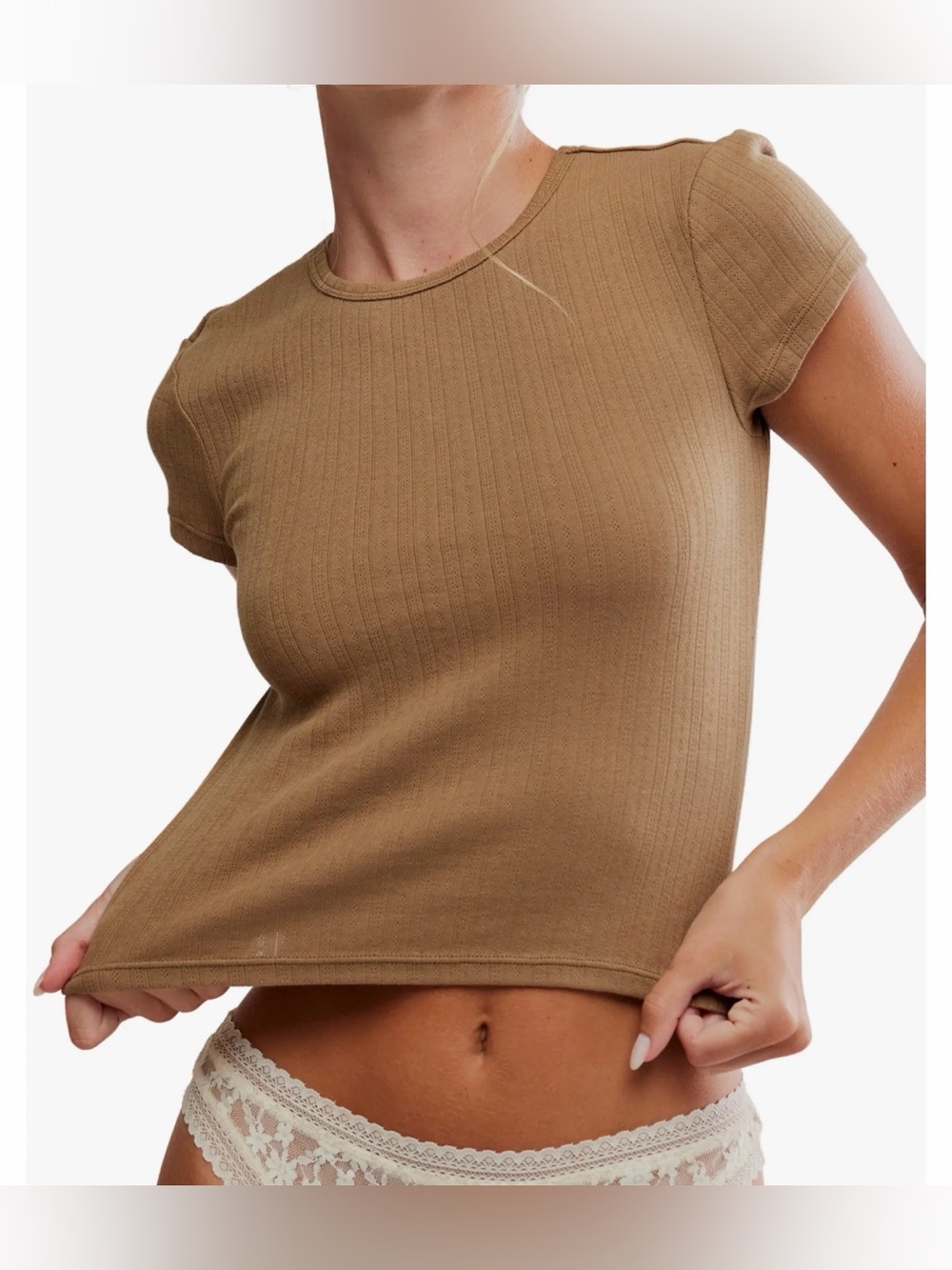 Free People Intimately Wait A Minute Rib Baby Tee Antique Bronze XS NWT